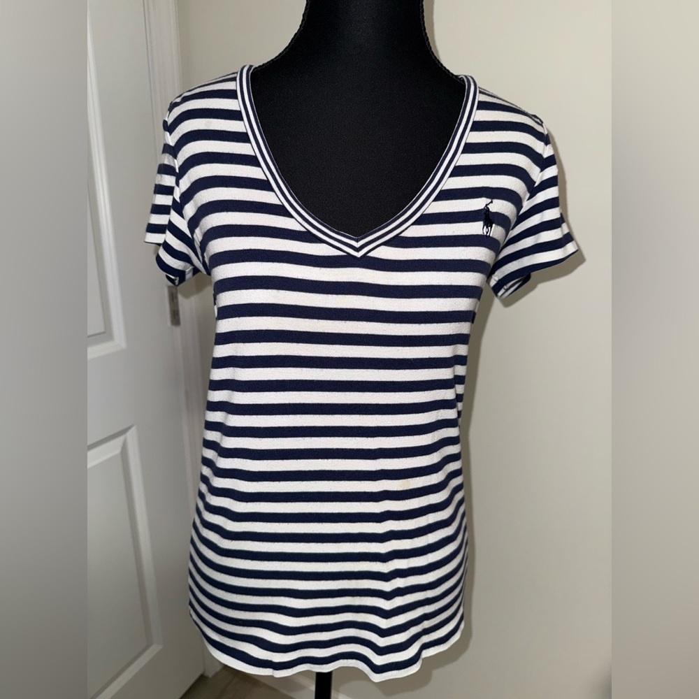 Ralph Lauren navy blue and white stripe polo t-shirt.